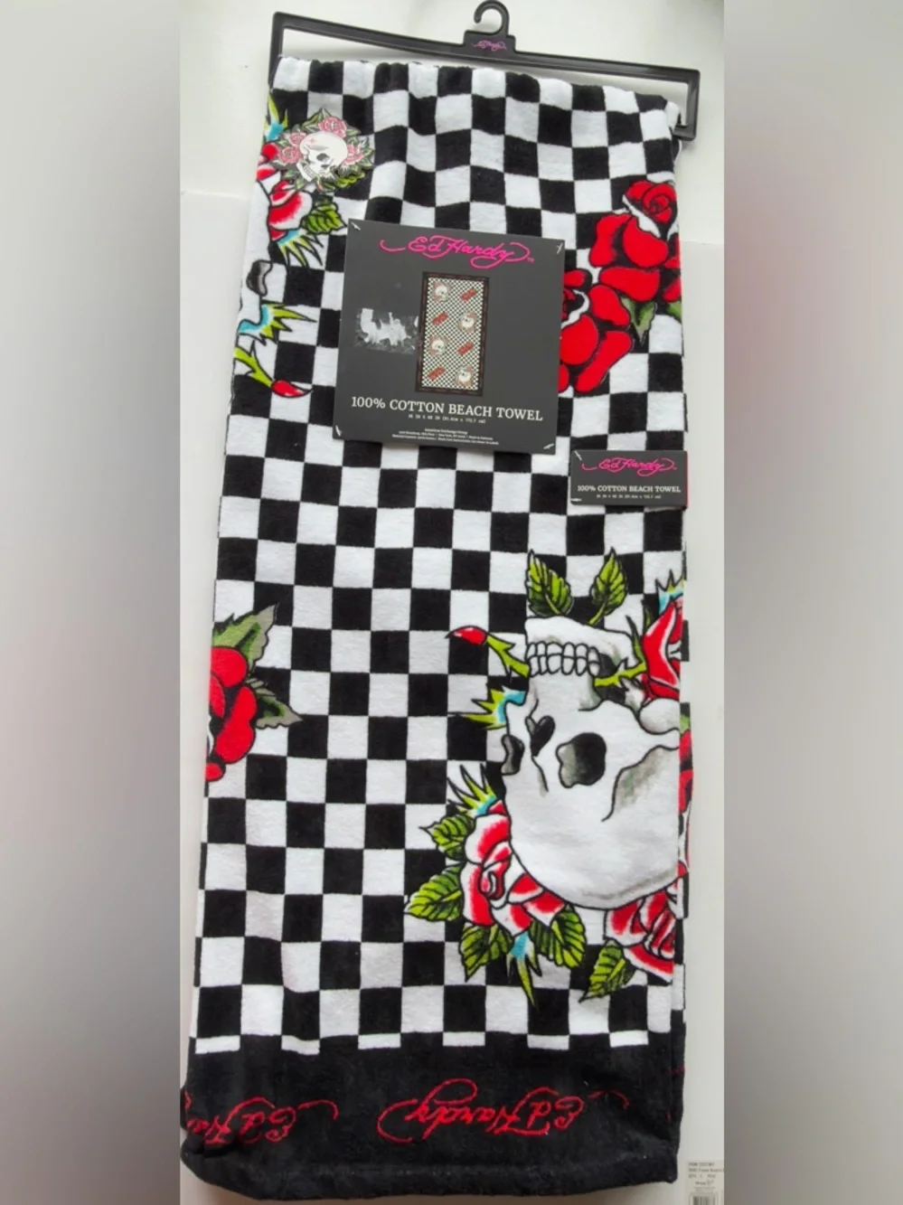 Ed Hardy Black, White & Pink Checkerboard Skull Beach Towel